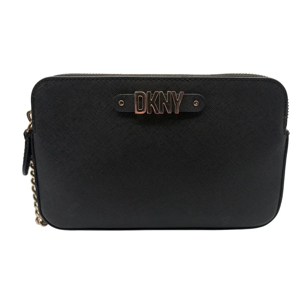 DKNY Crossbody Bag Womens Small‎ Black Excellent Saffiano Leather Gold Logo